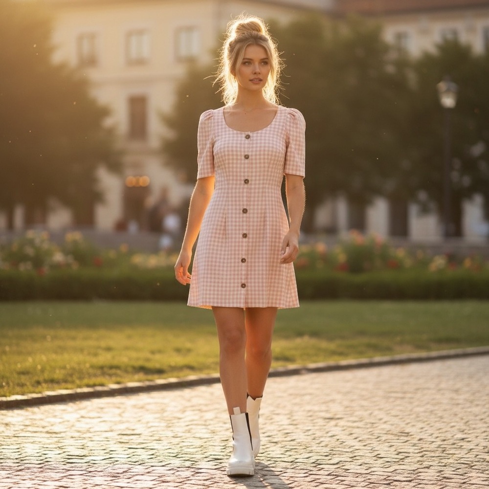 LPA Pink Gingham Mini‎ Dress Size XS Boho Indie Puff Sleeve Casual Cottagecore - Picture 2 of 10